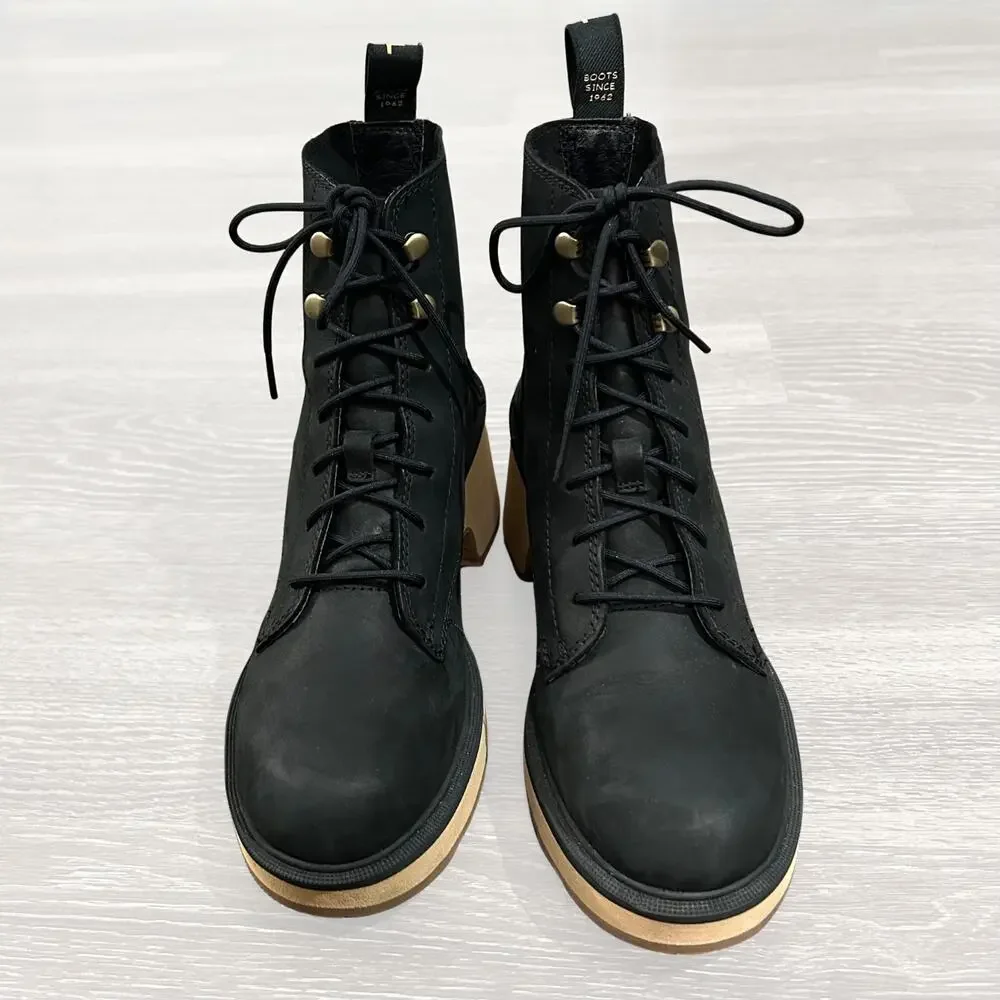 Sorel Hi-Line Heel Lace Boot Black Leather Lug Sole Block Heel Size 7.5 New NWOB